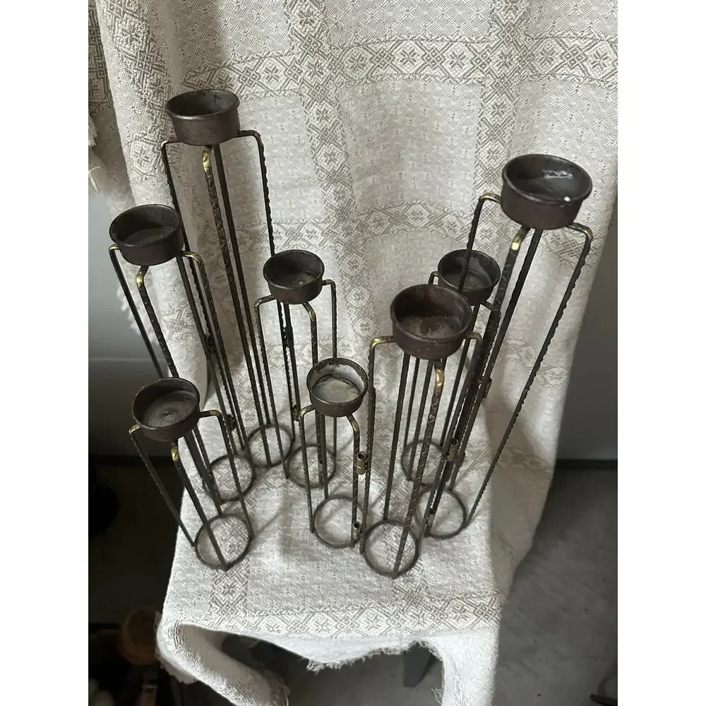 Vintage Brutalist Folding Wrought Iron Candelabra 8 Arm Tea Light Candle Holder